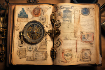 Fototapeta na wymiar Vintage Nautical Compass on an Illustrated Journal