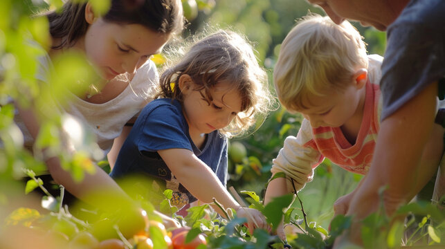 A family visit to a local farm or orchard, with parents and children picking fruits and vegetables and learning about sustainable agriculture and food production, love, respect, to