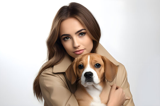 Girl with Dog against white background - Ai generated