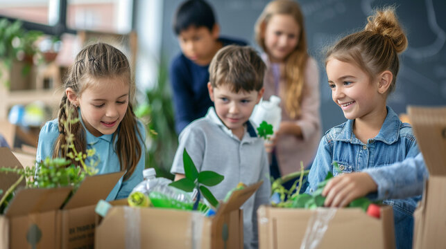 Parents and children attending a workshop on environmental conservation and sustainability, learning about recycling, energy conservation, and protecting natural resources, love, r