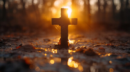 Christian cross in a forest at sunset. Concept of Christianity, faith and Christian Easter.