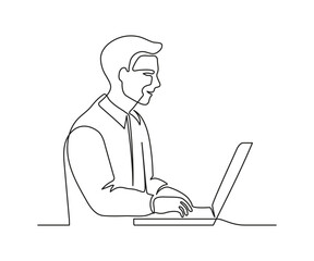 Man work on laptop, continuous one line drawing. Learning or business on computer online. Simple single minimalism outline style. Vector