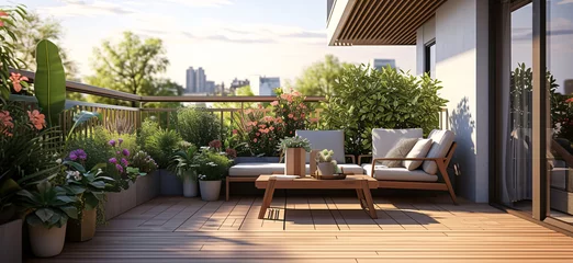 Fotobehang Beautiful of modern terrace with wood deck flooring and fence, green potted flowers plants and outdoors furniture. Cozy relaxing area at home. Sunny stylish balcony terrace in the city © Christophe