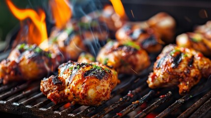 Juicy Grilled Chicken Thighs on Outdoor BBQ Grill - obrazy, fototapety, plakaty