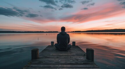 Contemplative Man on Wooden Dock at Sunset by the Lake