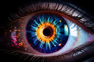 The complex macro shot of human eye showing its colorful iris and intricate pupil - Ai generated