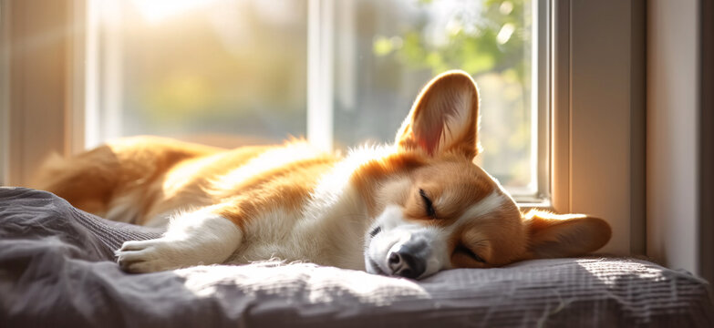 corgi dog lies by the window in and sleeps in the sun