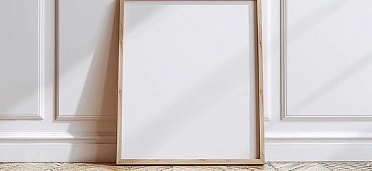 empty picture frame, blank vertical black poster frame standing on light wooden floor against white...
