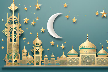 lantern islamic Mosque, crescent moon Ramadan Kareem themed illustration background, eid