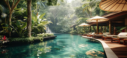 Exotic oasis in bali, a tropical swimming pool, nestled amidst the breathtaking scenery of indonesia's enchanting island, beautiful art of generative ai