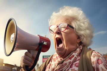 Fototapeta premium Old Caucasian woman at outdoors holding a megaphone - Ai generated