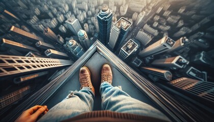 Feet on the edge of a tall building, capturing the fear of heights and vertigo. - obrazy, fototapety, plakaty