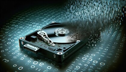 Damaged storage device with binary code vanishing, symbolizing data loss.