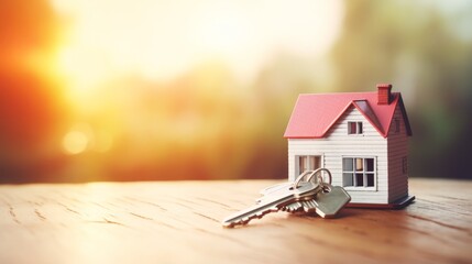 House miniature with keys in the warm morning light. Concept of real estate investment, buying a new home, and property ownership. Banner with copy space