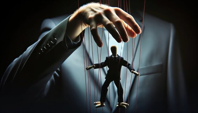 Human silhouette with puppet strings, depicting manipulative behavior and control.