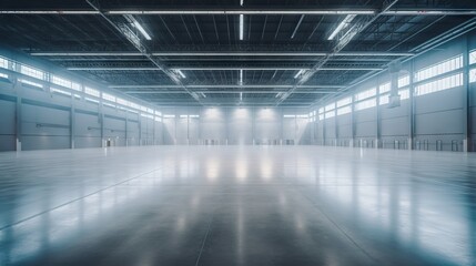 Empty and clean warehouse interior in logistic center. Concept of organized storage, logistics efficiency, and clean distribution space.
