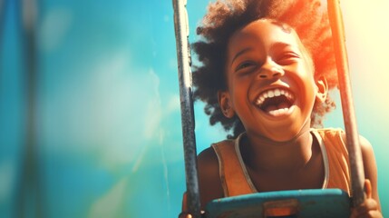 Happy African American kid boy laughing on a swing on a warm sunny day on a playground. Concept of carefree play, happy childhood, summer fun, and outdoor activities. Copy space - Powered by Adobe