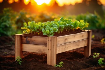 Raised garden beds with various plants at sunset.