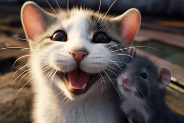 Selfie of Happy mouse and cat together - Ai generated
