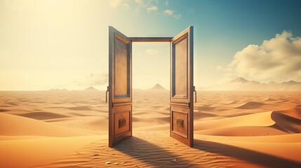 Open door in desert. Concept of freedom, travel, adventure, discovery, opportunity, new beginnings, the unknown, mystery, and exploration.