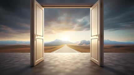 Doorway revealing a scenic road leading to mountains under a sunset sky. Concept of new beginnings, hope, freedom, travel, adventure, discovery, the unknown, mystery, and endless possibilities.