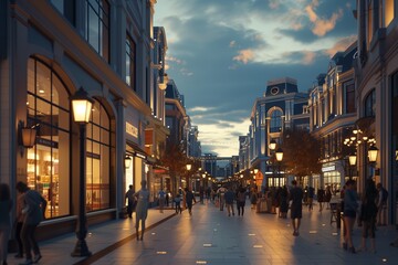 Charming Evening View of Bustling Retail District with Glowing Storefronts for Elegant Mockup.  - obrazy, fototapety, plakaty