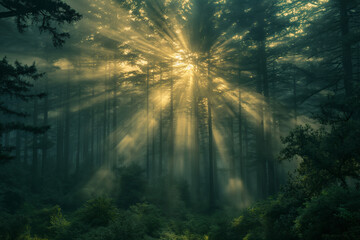 Fototapeta na wymiar sun shining through the forest in the morning