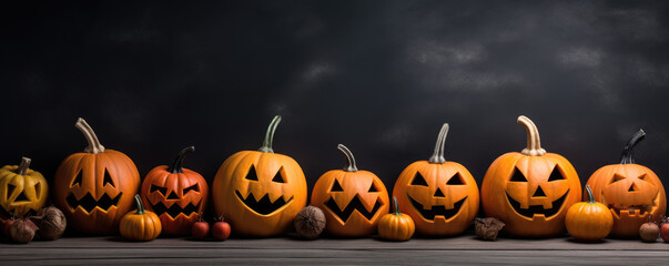 Halloween party decorations pumpkins on dark background. Free space for text