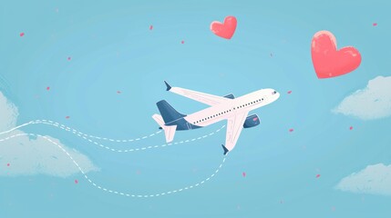 Love travel concept illustration in vector. Airplane flying and leave a blue dashed trace line --ar 16:9 --v 6 Job ID: 97200053-d898-4cd1-bd09-7286f03993e2 - obrazy, fototapety, plakaty