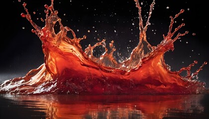 A vibrant and energetic splash of red liquid captured in a moment of motion, illuminated by a warm, golden light creating a sense of dynamism.