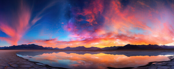 Beautiful colored clouds over the amazing mountain lake. Red and blue sky effect.