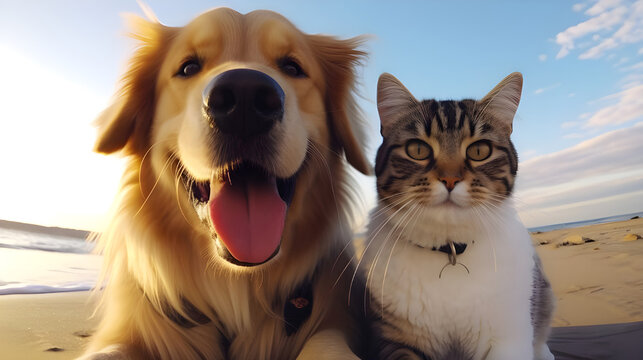 Selfie of Happy dog and cat together - Ai generated