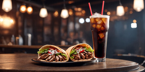 Fresh doner kebab or shawarma and glass of cola drink on restaurant background. Generative Ai	
 - Powered by Adobe