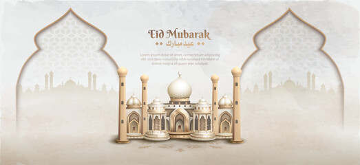 islamic greetings eid mubarak card design with beautiful mosque  - obrazy, fototapety, plakaty