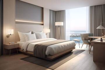 Fototapeta na wymiar Room interior of modern hotel bedroom - Ai generated