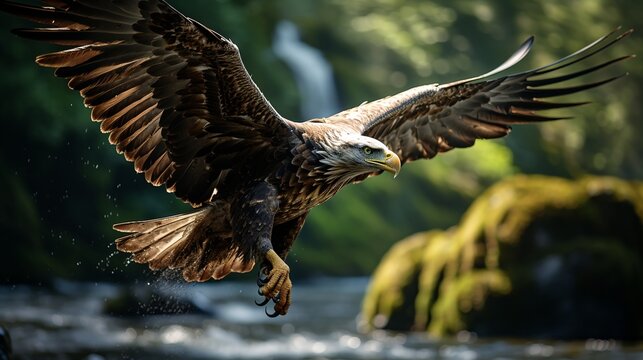 An eagle flies over a rushing waterfall, backdropped by forests and mountains
