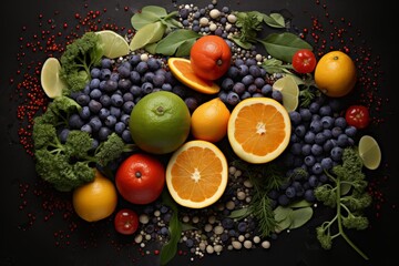 Assorted fresh berries and citrus fruits with green leaves on black background