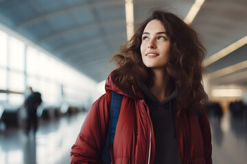 Portrait of Young woman happy expression traveler on airport - Ai generated