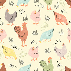 Funny cartoon seamless pattern with cute hens and rooster.Chickens background in memphis style.Colored silhouettes, lines and dots.Print on fabric and paper.Nursery wall decor.Hand drawn illustration. © Alla