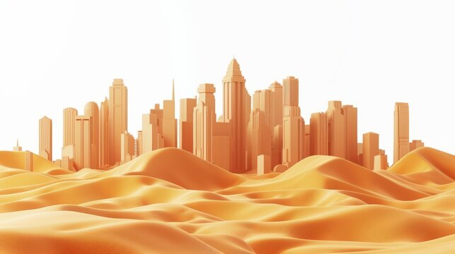 Middle East Skyline With Nature. Abstract Design Template. Skyscraper And Dune Sand, 3d Illustration. Isolated Background. Desert Sand Plot. 