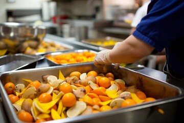 Food workers handling bulk citrus fruit peels in kitchen.