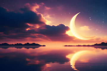 Crescent moon Ramadan Kareem themed illustration background, lantern, islamic Mosque,