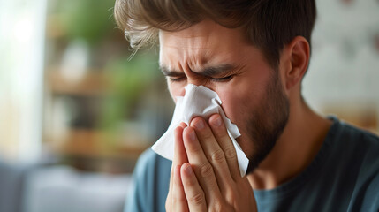 Man sick with a cold, blowing nose into a tissue paper. Air allergens and pollutants making people sneeze. - obrazy, fototapety, plakaty
