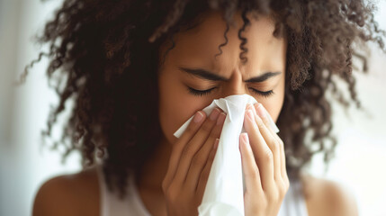 Closeup of woman blowing nose during the cold and flu season. Stuffy nose clearing. - obrazy, fototapety, plakaty