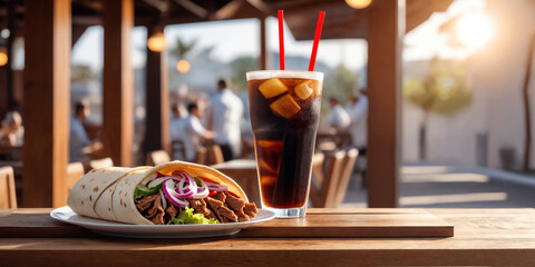 Fresh doner kebab or shawarma and glass of cola drink on restaurant background. Generative Ai 
