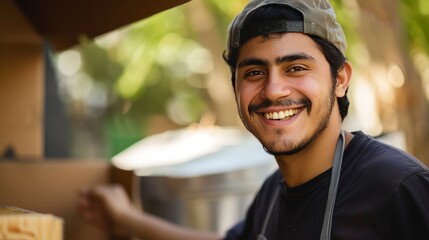 Pizza cutter fast food delivery smiling young latin man banner copyspace copy space delivering deliver smile --ar 16:9 --v 6 Job ID: 4c700707-b4a3-406b-bc2d-f6ff12534a93 - obrazy, fototapety, plakaty