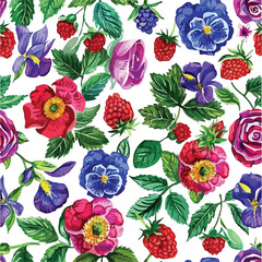 Seamless watercolor pattern with roses anemones a