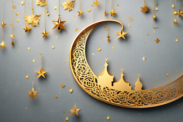 Crescent moon Ramadan Kareem themed illustration background, lantern, islamic Mosque,