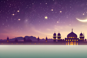 Crescent moon Ramadan Kareem themed illustration background, lantern, islamic Mosque,