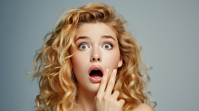 Pretty blond girl in shock and surprise closing mouth with hand looking aside over grey studio background. copy space, banner --ar 16:9 --v 6 Job ID: 769427bd-624d-499b-abb5-ba60809a664d
